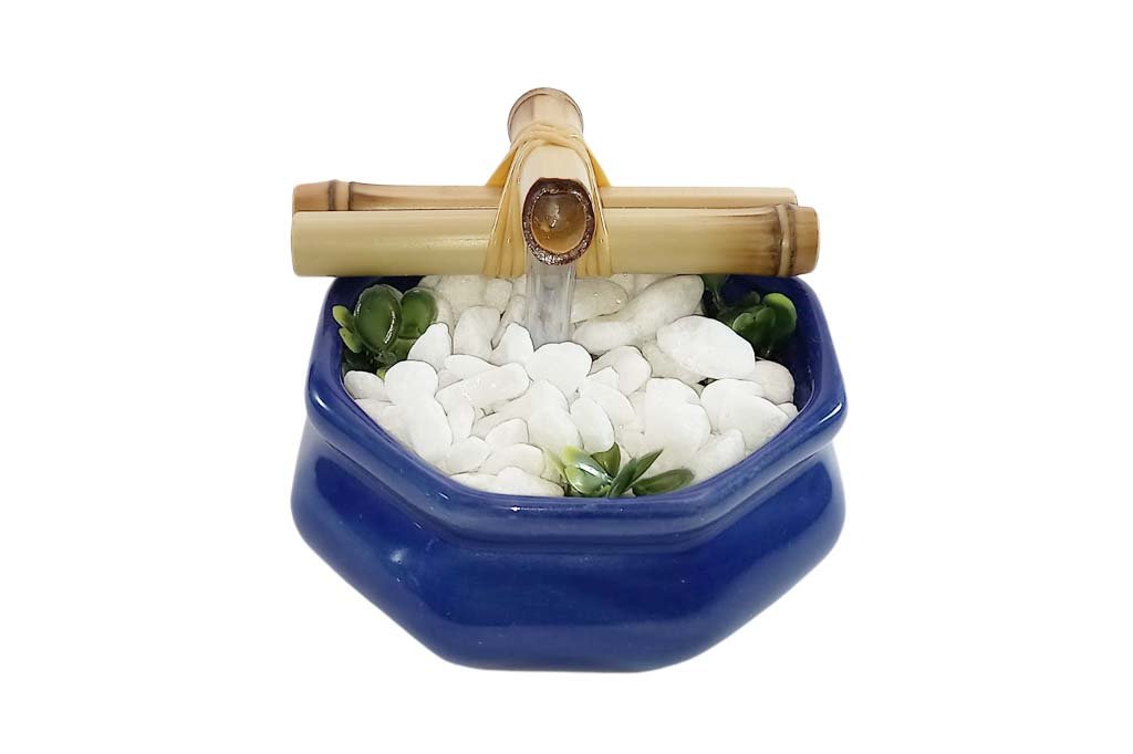 Fonte Sextavada Azul 1 1024x682 Media Fonte Decorativa Agua Sextavada Azul Cascata Feng Shui Bica Bambu