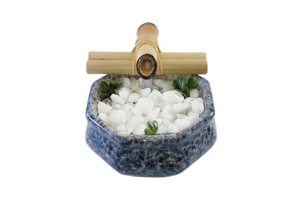 Fonte Decorativa Agua Sextavada Azul Cascata Feng Shui Bica Bambu