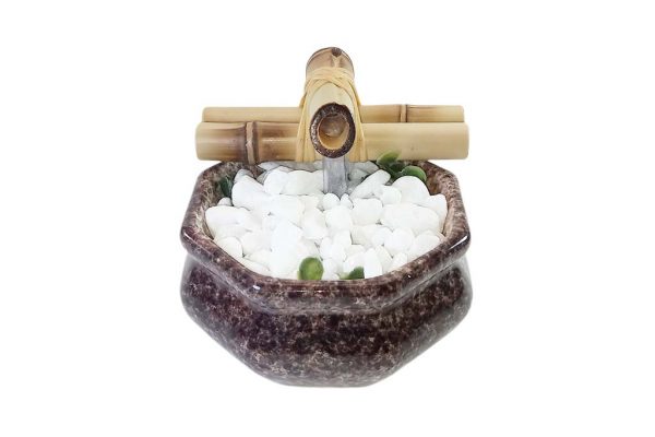 Fonte Decorativa Agua Sextavada Marrom Cascata Feng Shui Bica Bambu